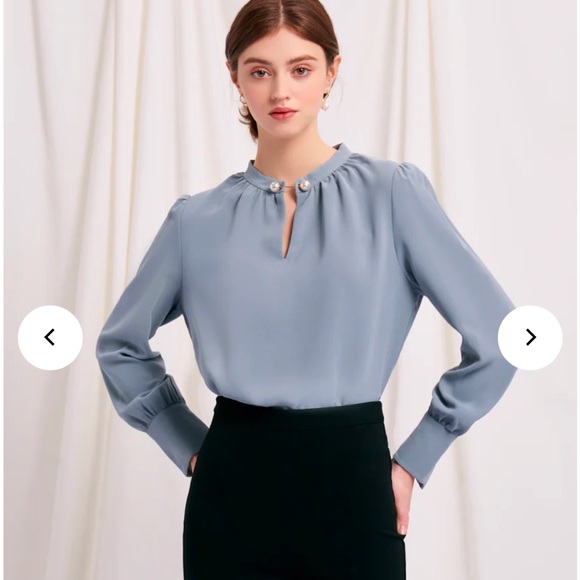 Petite Studio Tops - Petite Studio Blue Blouse with Pearl Accents
